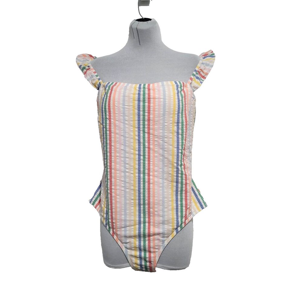 J crew Striped Seersucker Swimsuit 1pc 12 Rainbow Stretch Flutter Sleeves Preppy - Picture 1 of 12